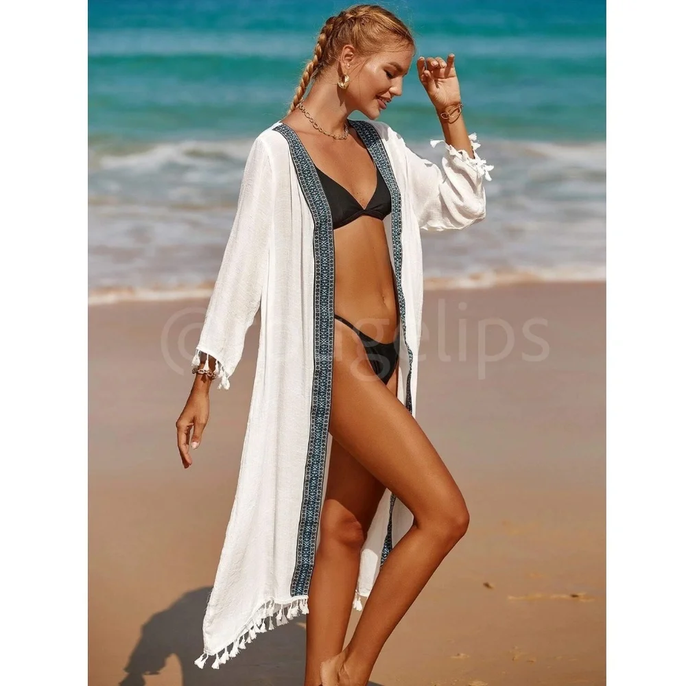 White Kimono Beach Coverup Tassel Trim Long - Picture 3 of 9